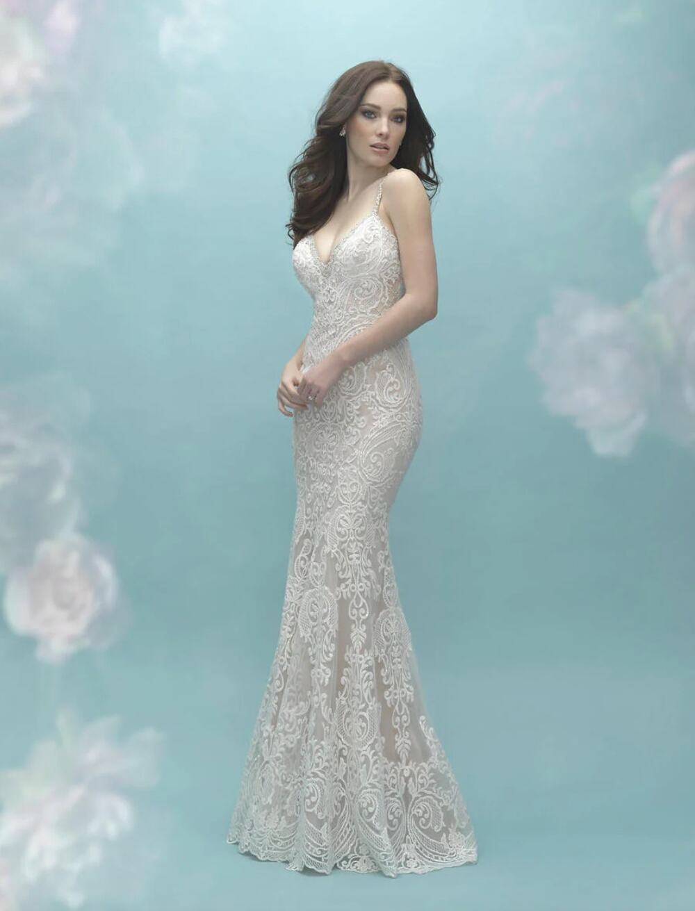 Allure Bridal Mermaid Wedding Dress Womens 14 Ivory Lace Beaded Style 9452